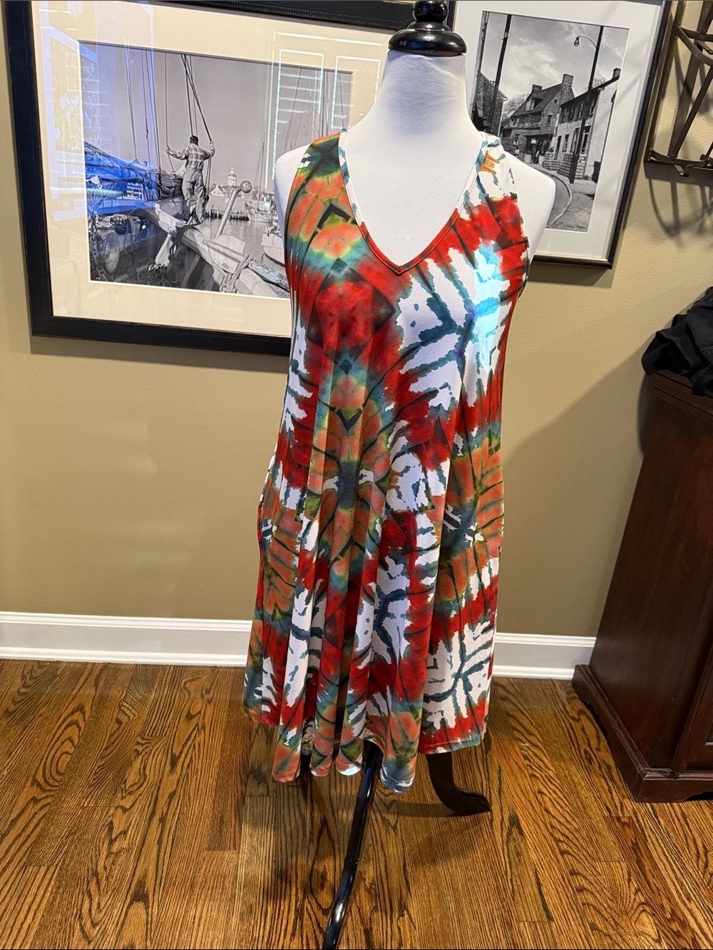 Vibrant Red Tie-Dye V-Neck Swing Dress with pockets! :)